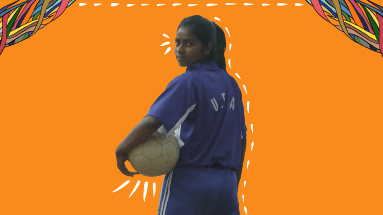 On a rectangle orange background, there are colourful story threads at the edges at the top of the image. In the centre is an image of a girl wearing a blue football jersey, her back faces us. She is holding a football at her waist, and her head is turned to face us. She looks determined and confident. Below the image is a black box that says, 'Agency and Choice'.