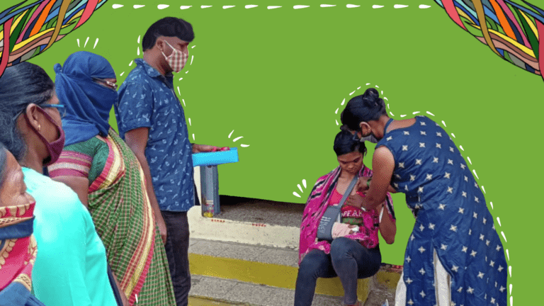 On a rectangle green background, there are colourful story threads at the edges at the top of the image. There is an image with 5 people in it. 4 of them are working towards covid relief/ health, wellbeing for those in their community. They have covered their mouths with masks or napkins. One of the workers is helping another person, bent over them, as they have injured their arm. Below the image is a black box that says, 'Health'.
