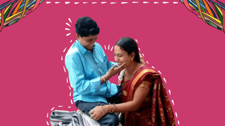 On a rectangle pink background, there are colourful story threads at the edges at the top of the image. There is an image of two people. One of them is touching the chin of the other, they both are smiling as if they are sharing an intimate moment. Below the image is a black box that says, 'Relationships'.