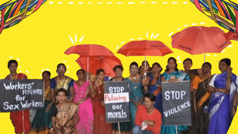 On a rectangle yellow background, there are colourful story threads at the edges at the top of the image. In the centre is a image of a group of sex workers who have gathered for a protest, some of them are holding sign boards with 'workers' rights for sex worker rights' , 'Stop policing our morals' and stop violence, held up by different people. The others in this group are holding up red umbrellas. Below the image is a black box that says, 'Resilience and Hope' .